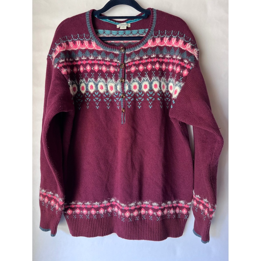 Sundance Womens Fair Isle Henley Sweater Burgundy Pink Wool Blend Size M